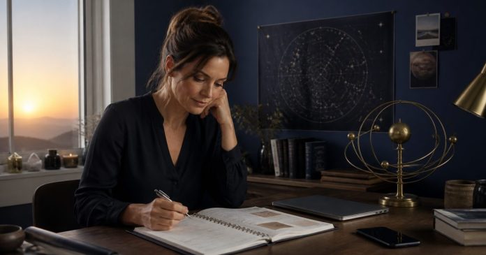 Woman reviewing a planner beside an orbital model at sunrise