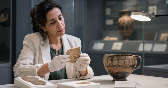 Museum scholar examining ancient divination artifacts