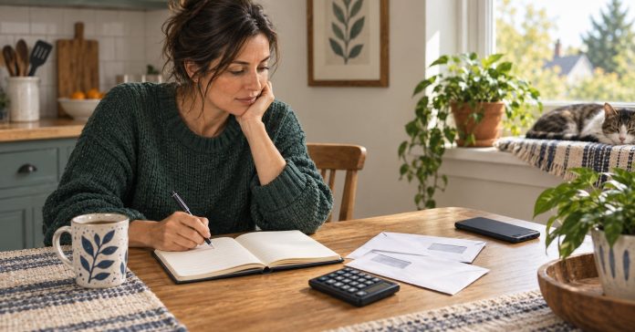 Woman in her forties reviewing a notebook, calculator and bill envelopes at a kitchen table.