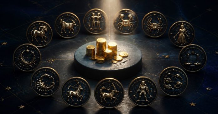 Constellation tokens arranged around a stage light and modest gold coins