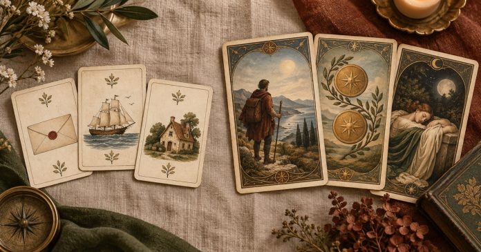 Lenormand vs. Tarot: Which Card Reading Fits You Best? Two illustrative card decks showing Lenormand-style emblems and tarot-style scenes.